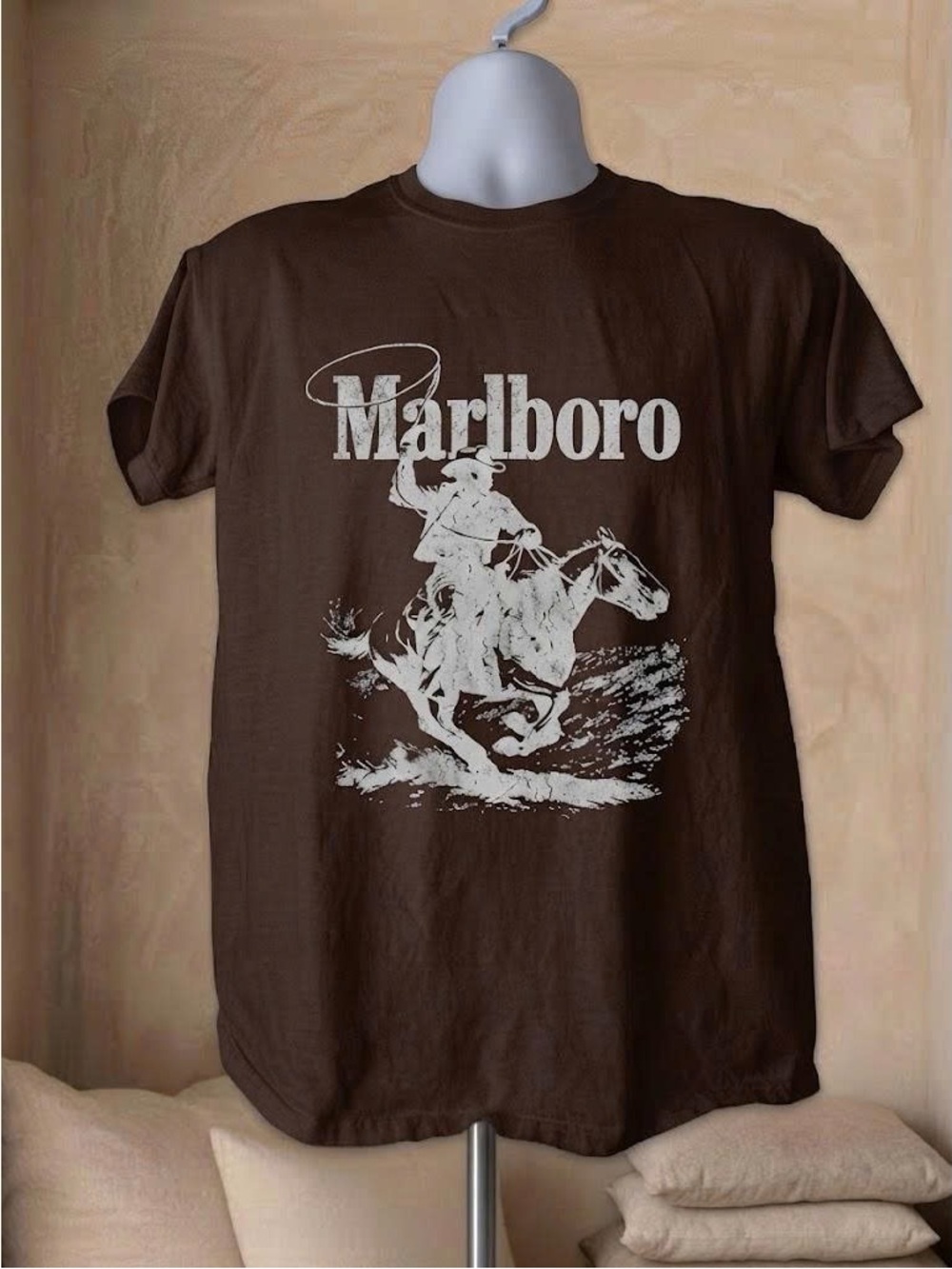 Vintage Brown Short Sleeve Marlboro Cowboy Graphic Tee with White Print